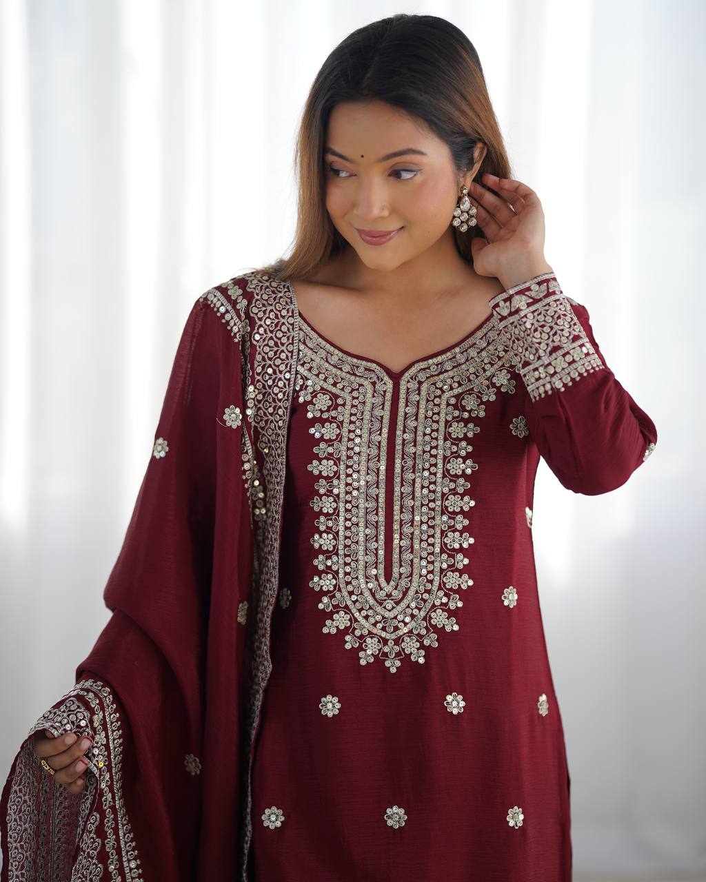 Teeya Creation Maroon Colour Chinon Silk Heavy Embroidery Work Fully Stitched Salwar Suit