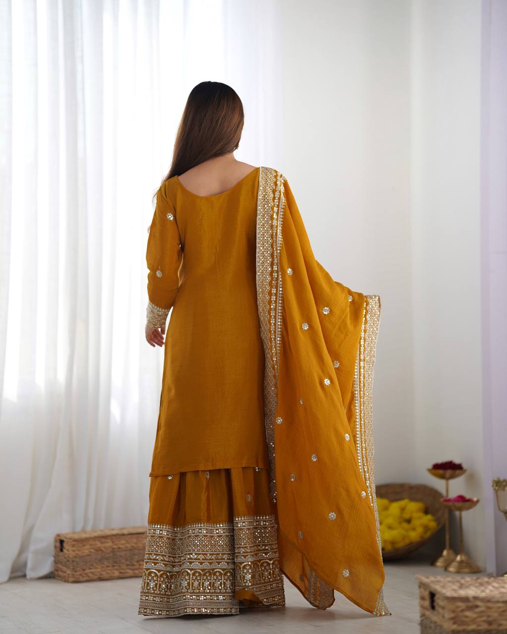Teeya Creation Mustard Colour Chinon Silk Heavy Embroidery Work Fully Stitched Salwar Suit