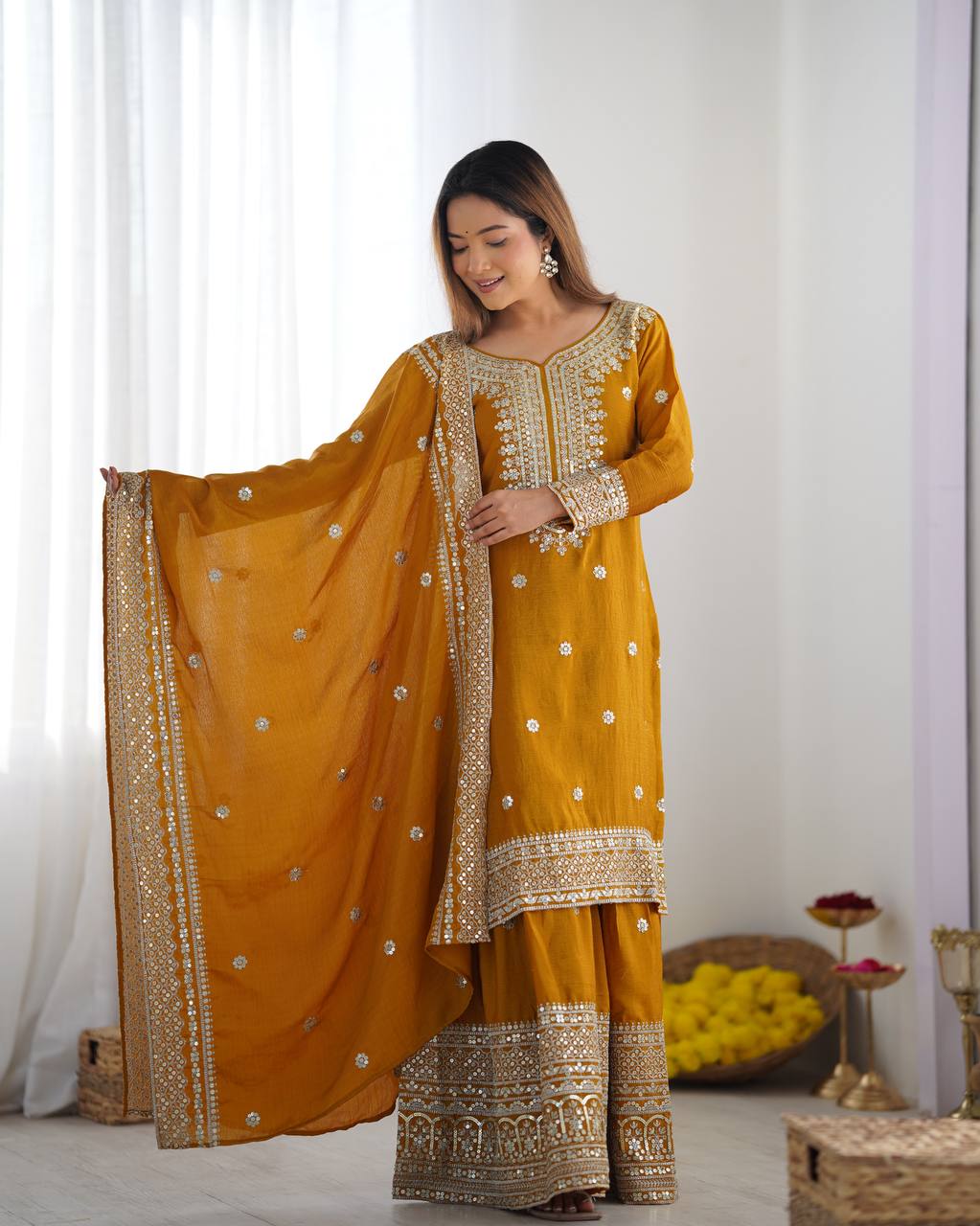 Teeya Creation Mustard Colour Chinon Silk Heavy Embroidery Work Fully Stitched Salwar Suit