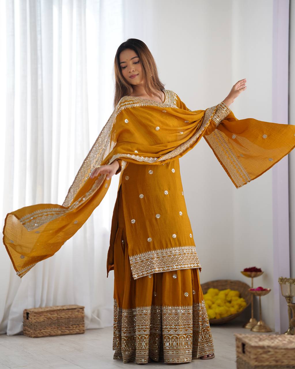 Teeya Creation Mustard Colour Chinon Silk Heavy Embroidery Work Fully Stitched Salwar Suit
