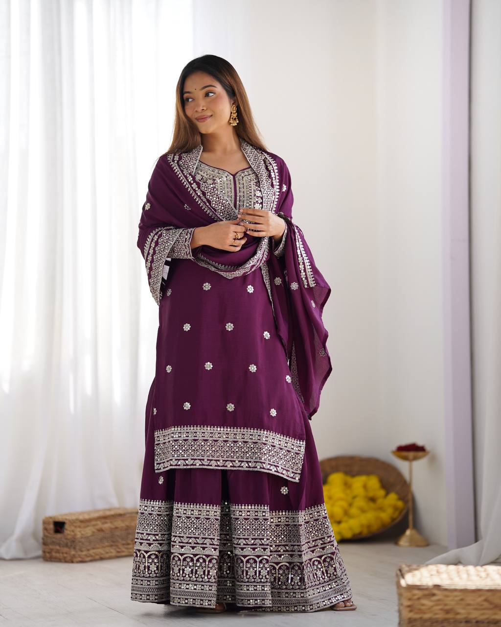 Teeya Creation Wine Colour Chinon Silk Heavy Embroidery Work Fully Stitched Salwar Suit