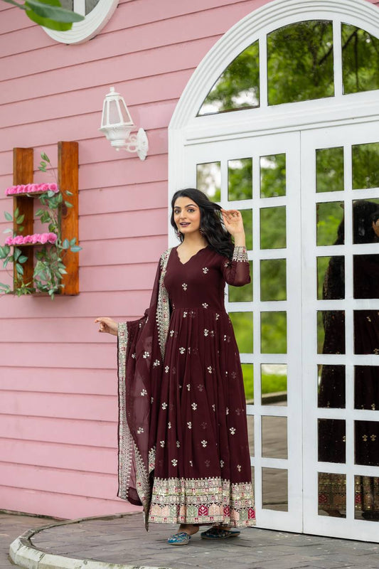 Teeya Creation Maroon Colour Faux Georgette Heavy Embroidery Work Fully Stitched Gown