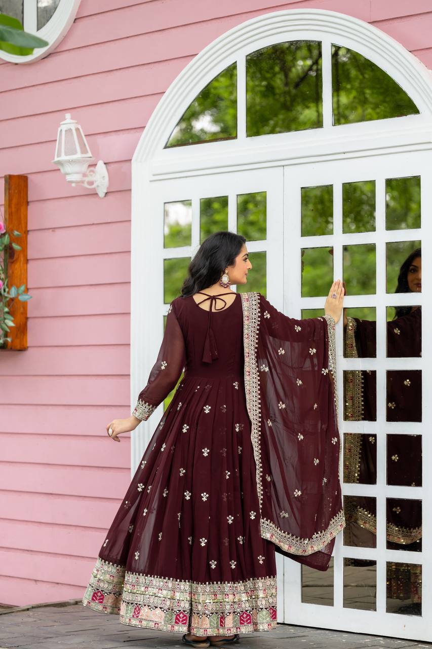 Teeya Creation Maroon Colour Faux Georgette Heavy Embroidery Work Fully Stitched Gown