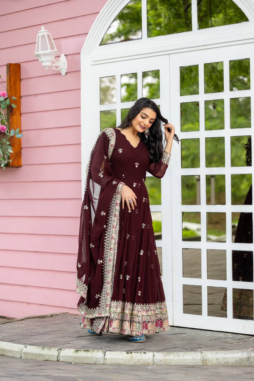 Teeya Creation Maroon Colour Faux Georgette Heavy Embroidery Work Fully Stitched Gown
