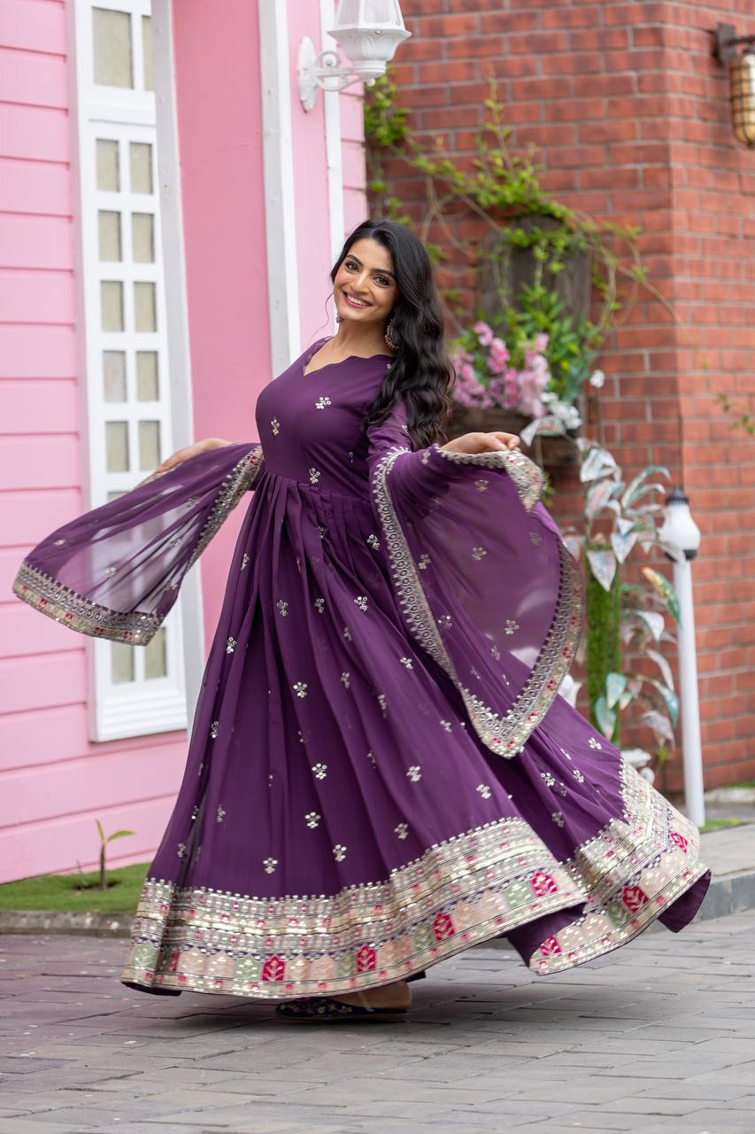 Teeya Creation Purple Colour Faux Georgette Heavy Embroidery Work Fully Stitched Gown