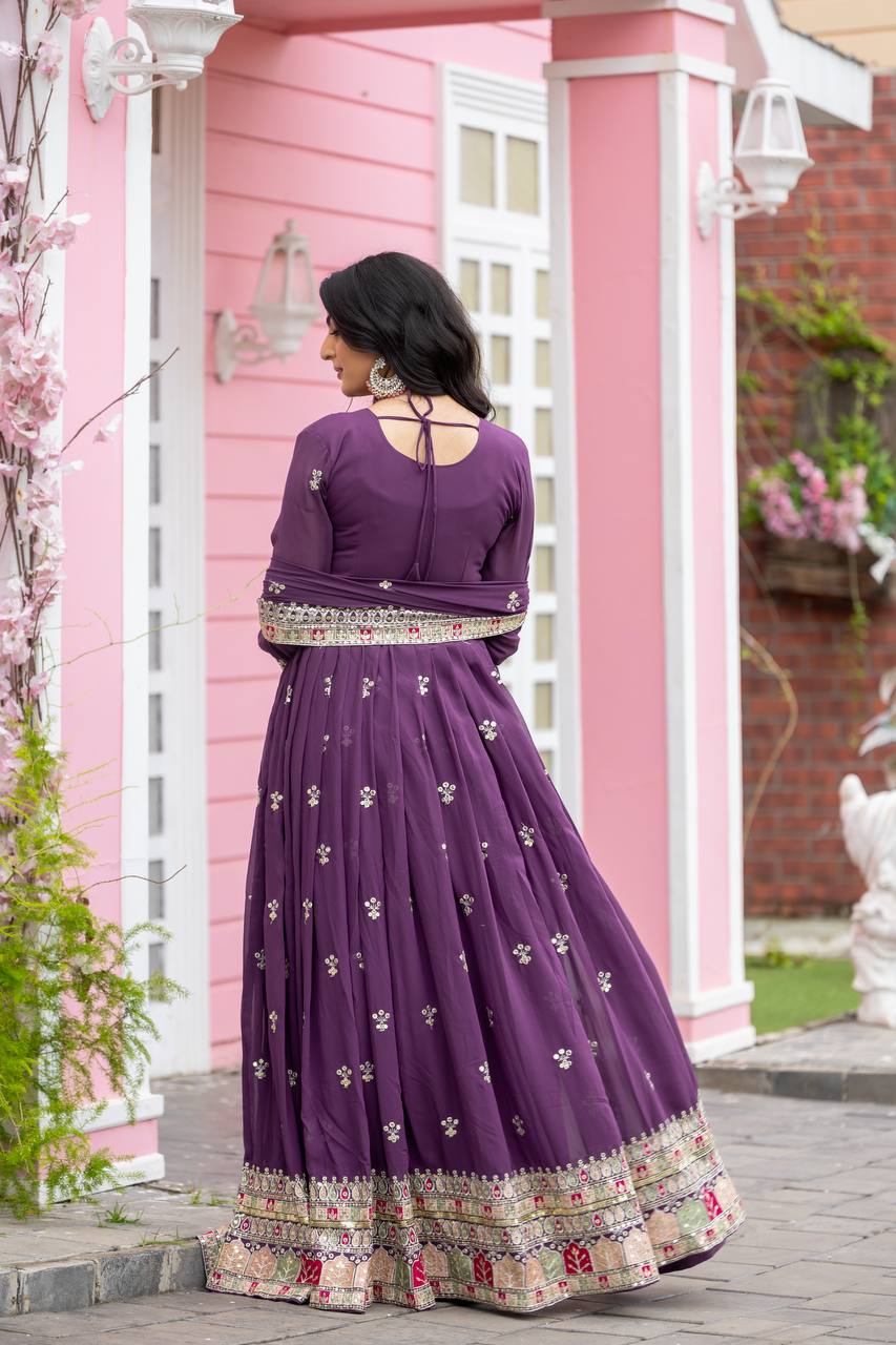 Teeya Creation Purple Colour Faux Georgette Heavy Embroidery Work Fully Stitched Gown