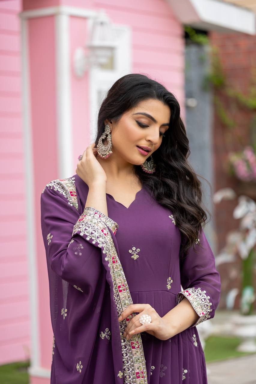 Teeya Creation Purple Colour Faux Georgette Heavy Embroidery Work Fully Stitched Gown