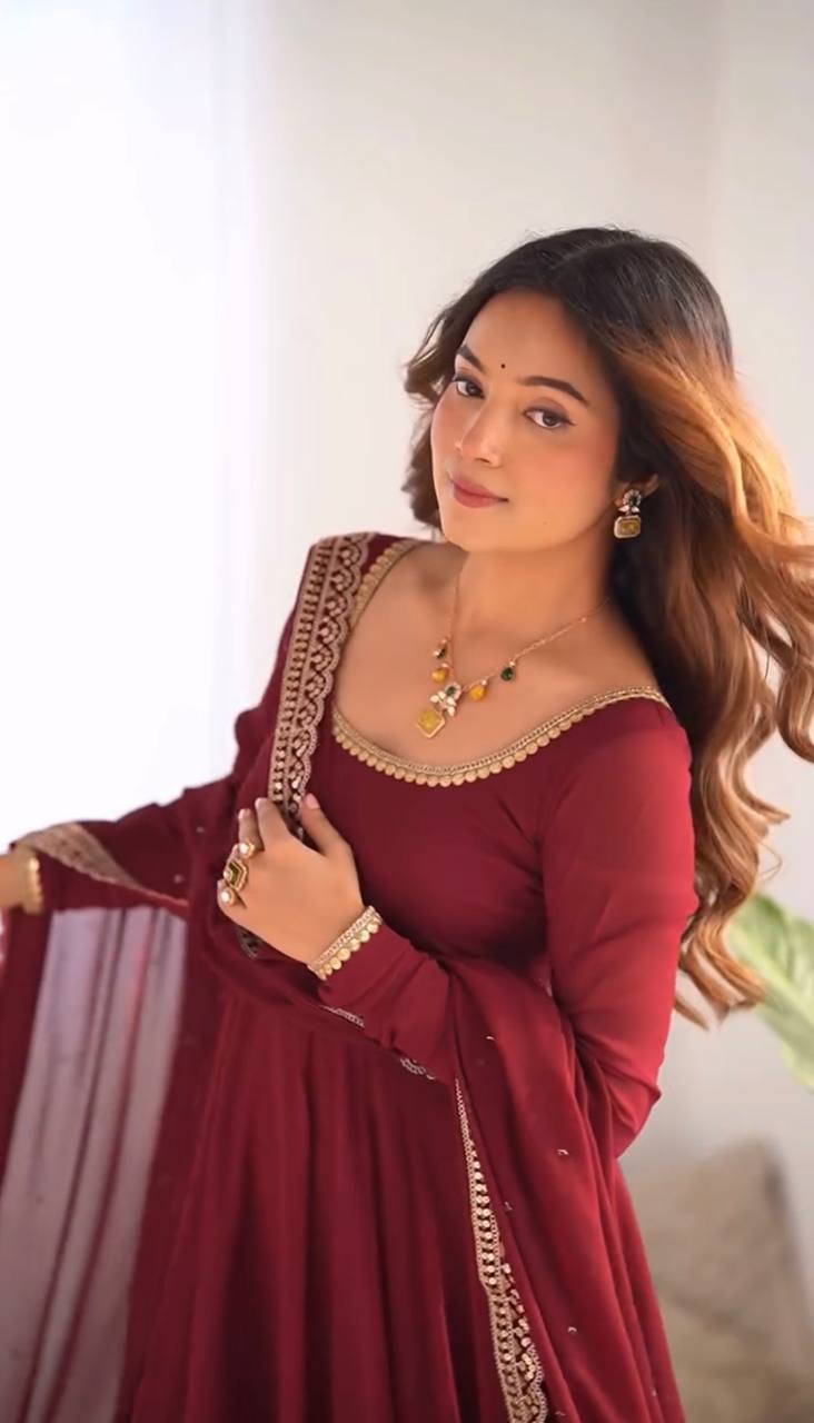 Teeya Creation Maroon Color Georgette Fabric Beautiful Fully Stitched Gown