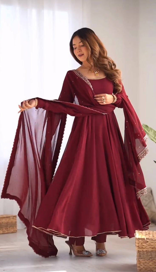 Teeya Creation Maroon Color Georgette Fabric Beautiful Fully Stitched Gown