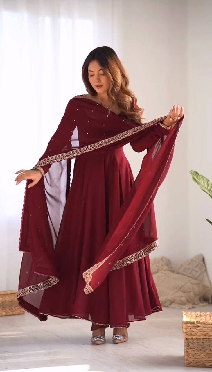 Teeya Creation Maroon Color Georgette Fabric Beautiful Fully Stitched Gown