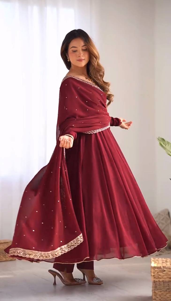 Teeya Creation Maroon Color Georgette Fabric Beautiful Fully Stitched Gown