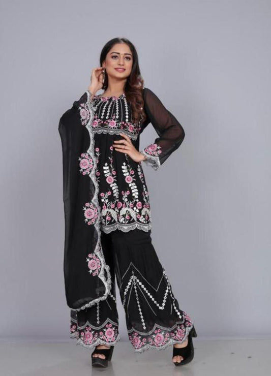 Teeya Creation Black Color Georgette Fabric Heavy Embroidery And Real Mirror Work Fully Stitched Salwar Suit