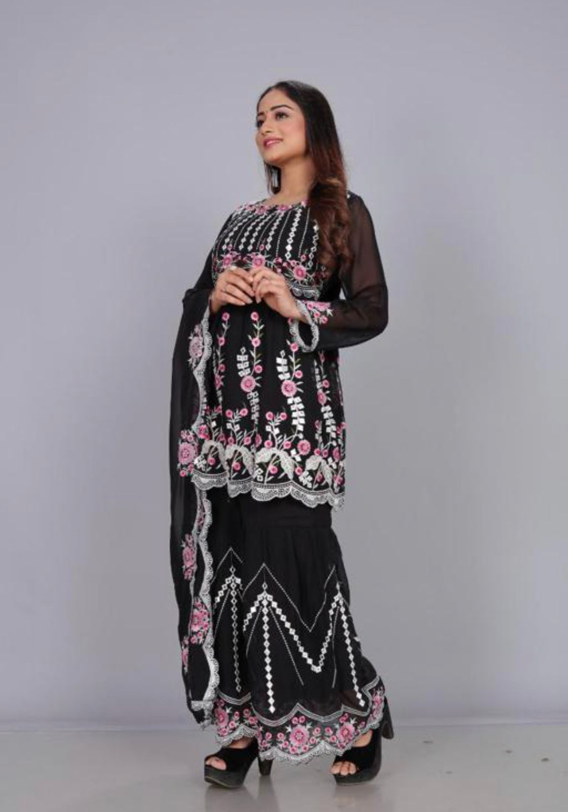Teeya Creation Black Color Georgette Fabric Heavy Embroidery And Real Mirror Work Fully Stitched Salwar Suit