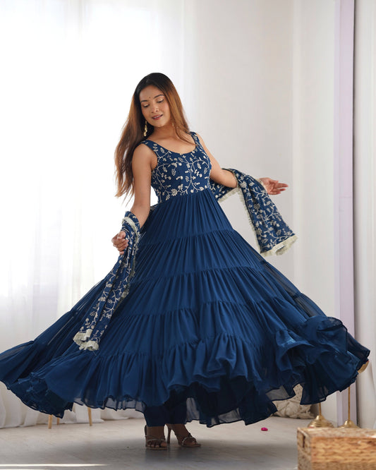 Teeya Creation Blue Color Faux Georgette Heavy Work 12 Meter Flared Fully Stitched Gown