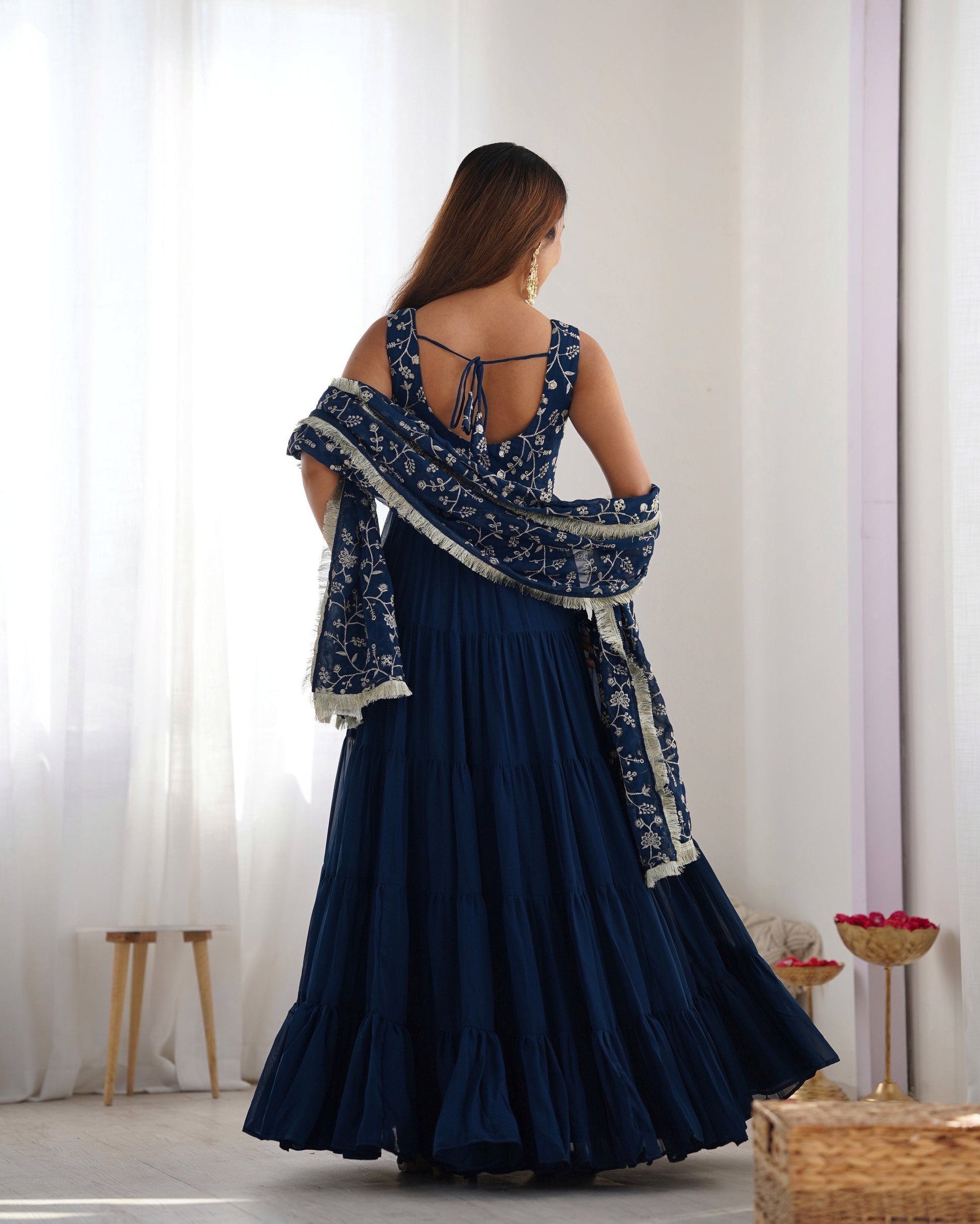 Teeya Creation Blue Color Faux Georgette Heavy Work 12 Meter Flared Fully Stitched Gown