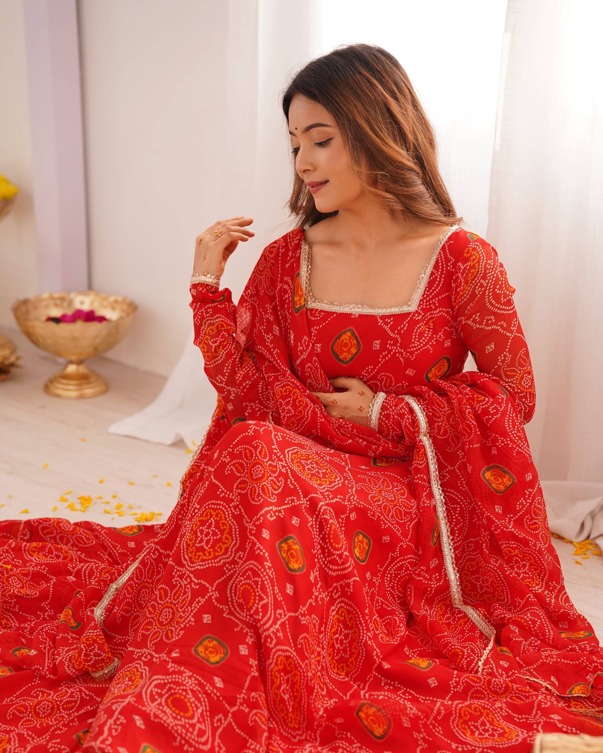 Teeya Creation Orange Color Chiffon Silk Printed Fully Stitched gown
