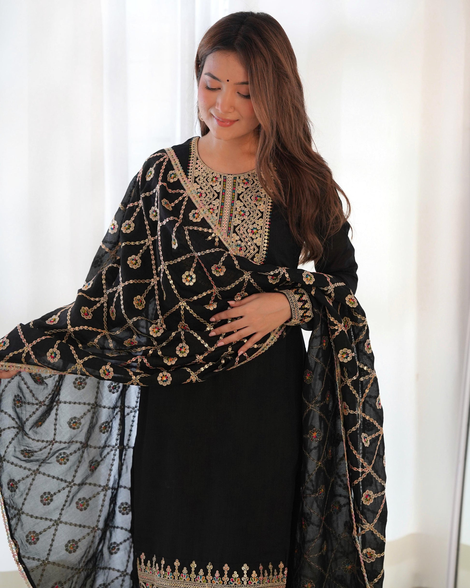 Teeya Creation Black Color Vichitra Silk Heavy Embroidery Work Fully Stitched pakistani Suit