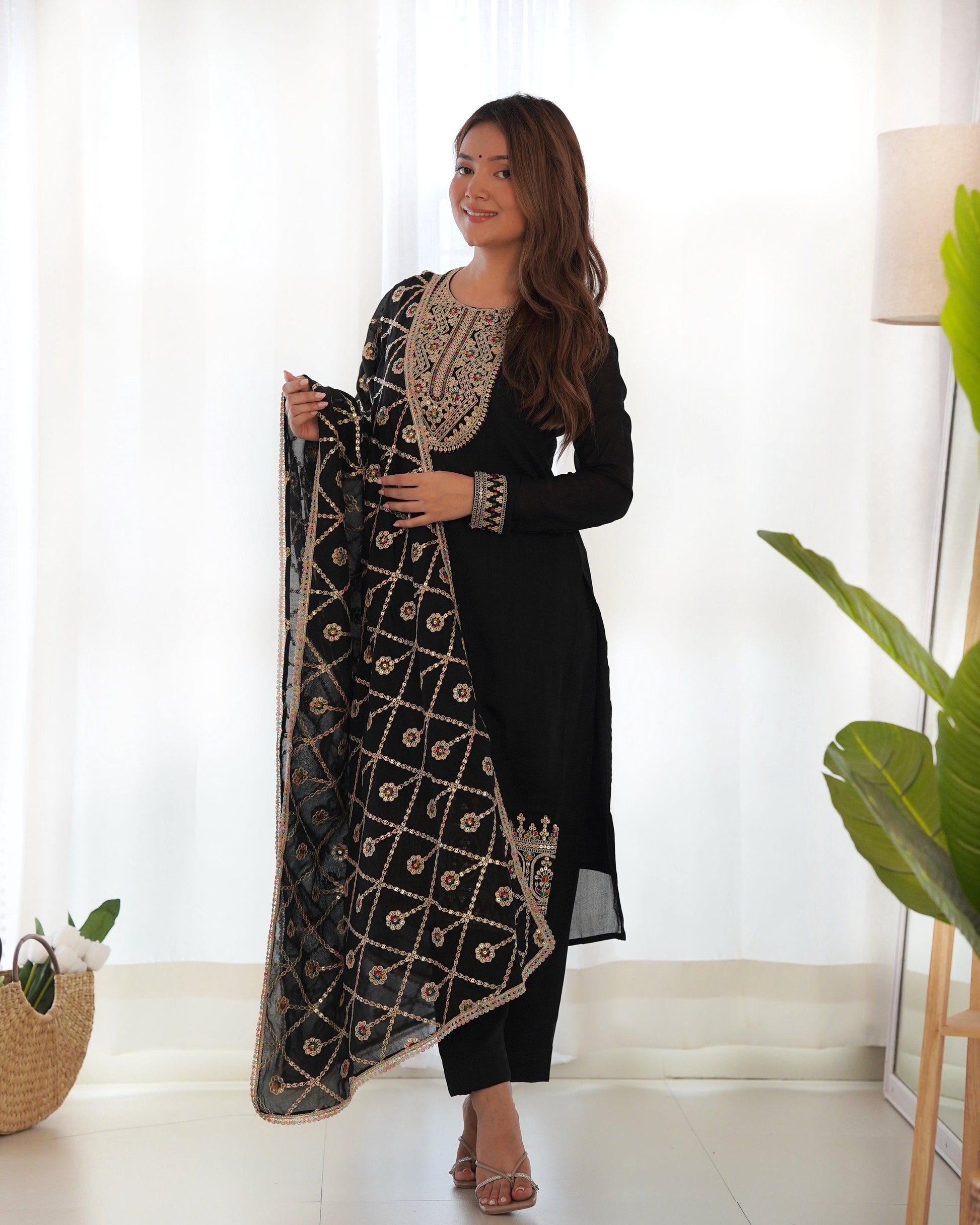 Teeya Creation Black Color Vichitra Silk Heavy Embroidery Work Fully Stitched pakistani Suit