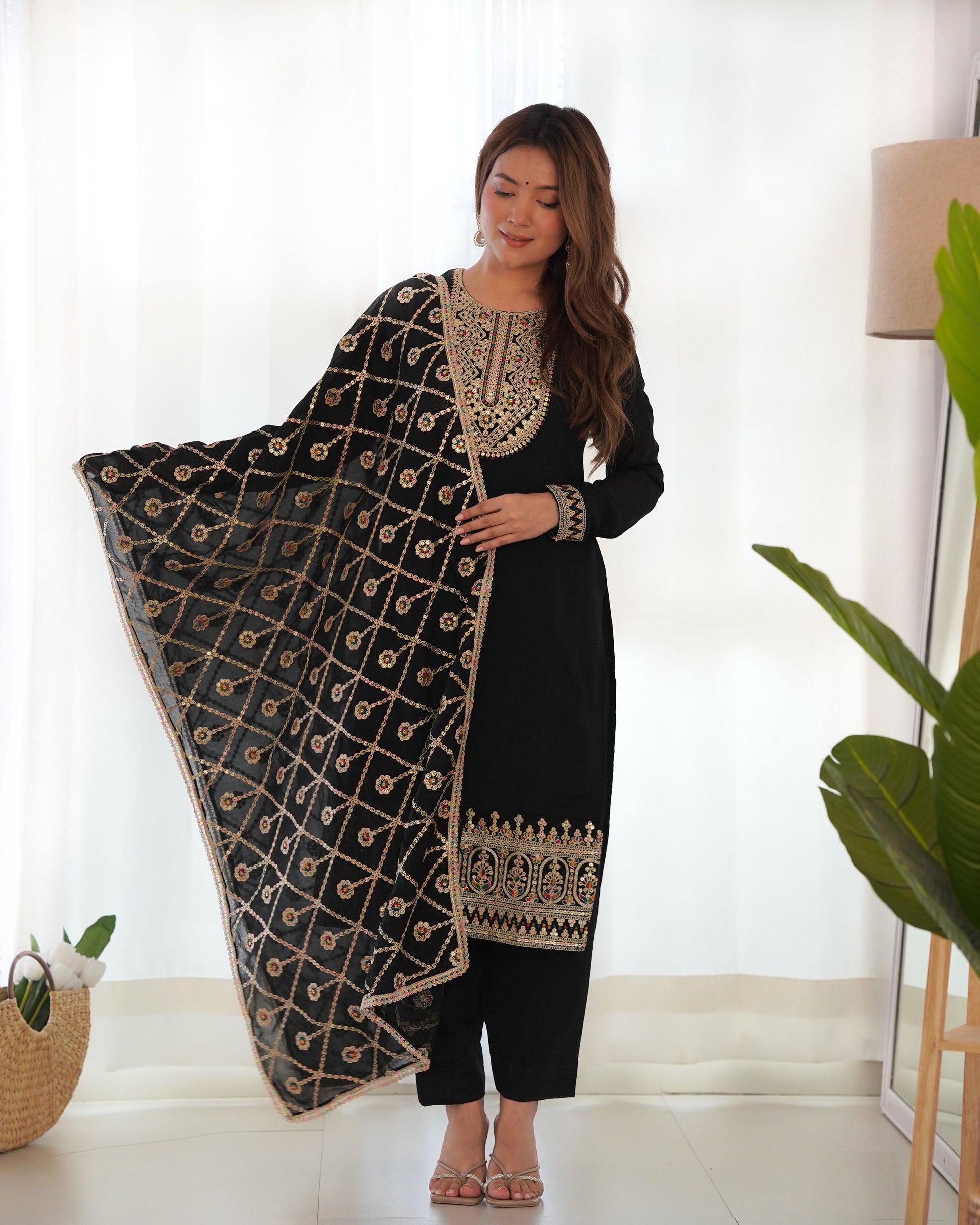 Teeya Creation Black Color Vichitra Silk Heavy Embroidery Work Fully Stitched pakistani Suit