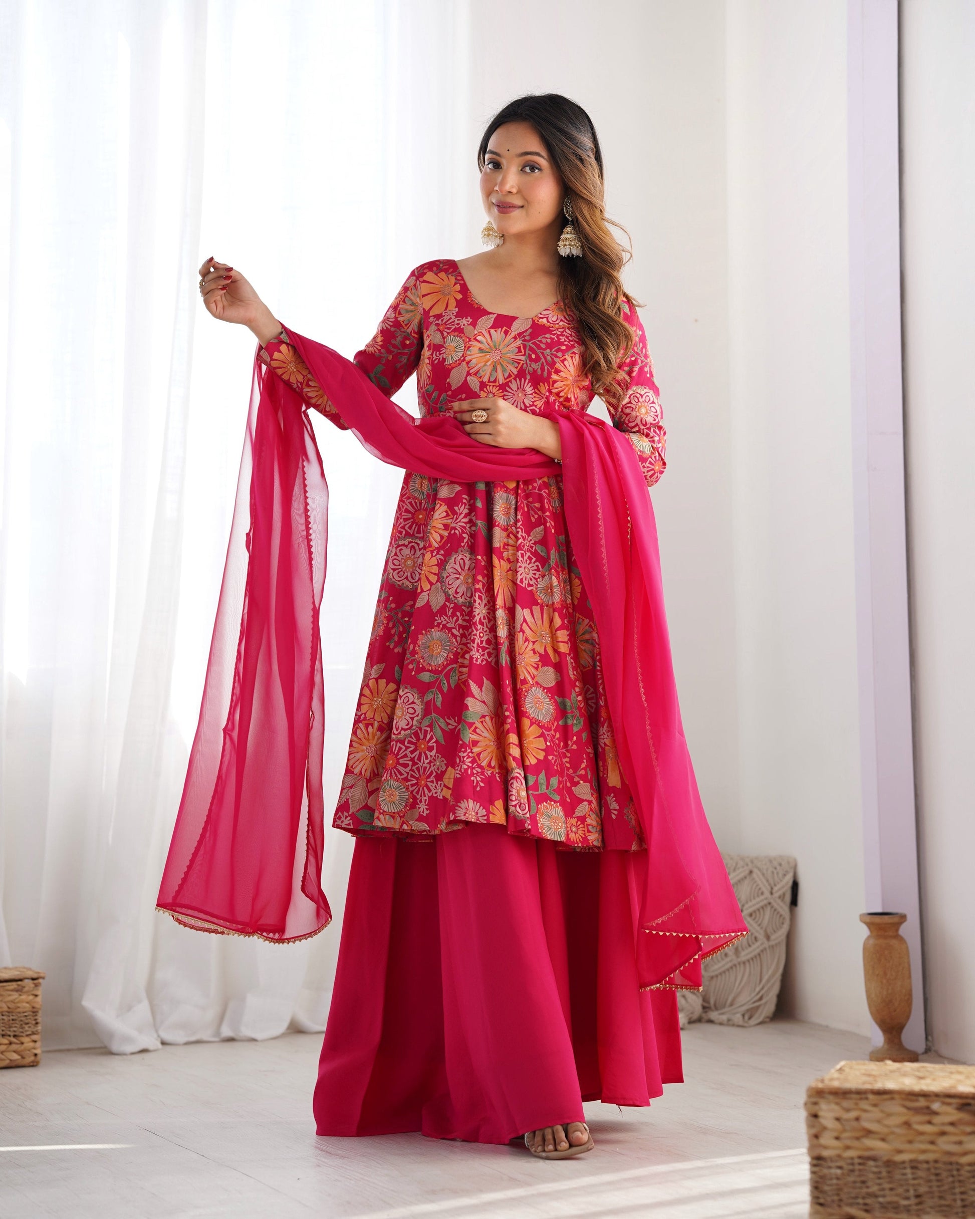 Teeya Creation Pink Color Roman Silk Kediya Style Fully Stitched Printed Kediya