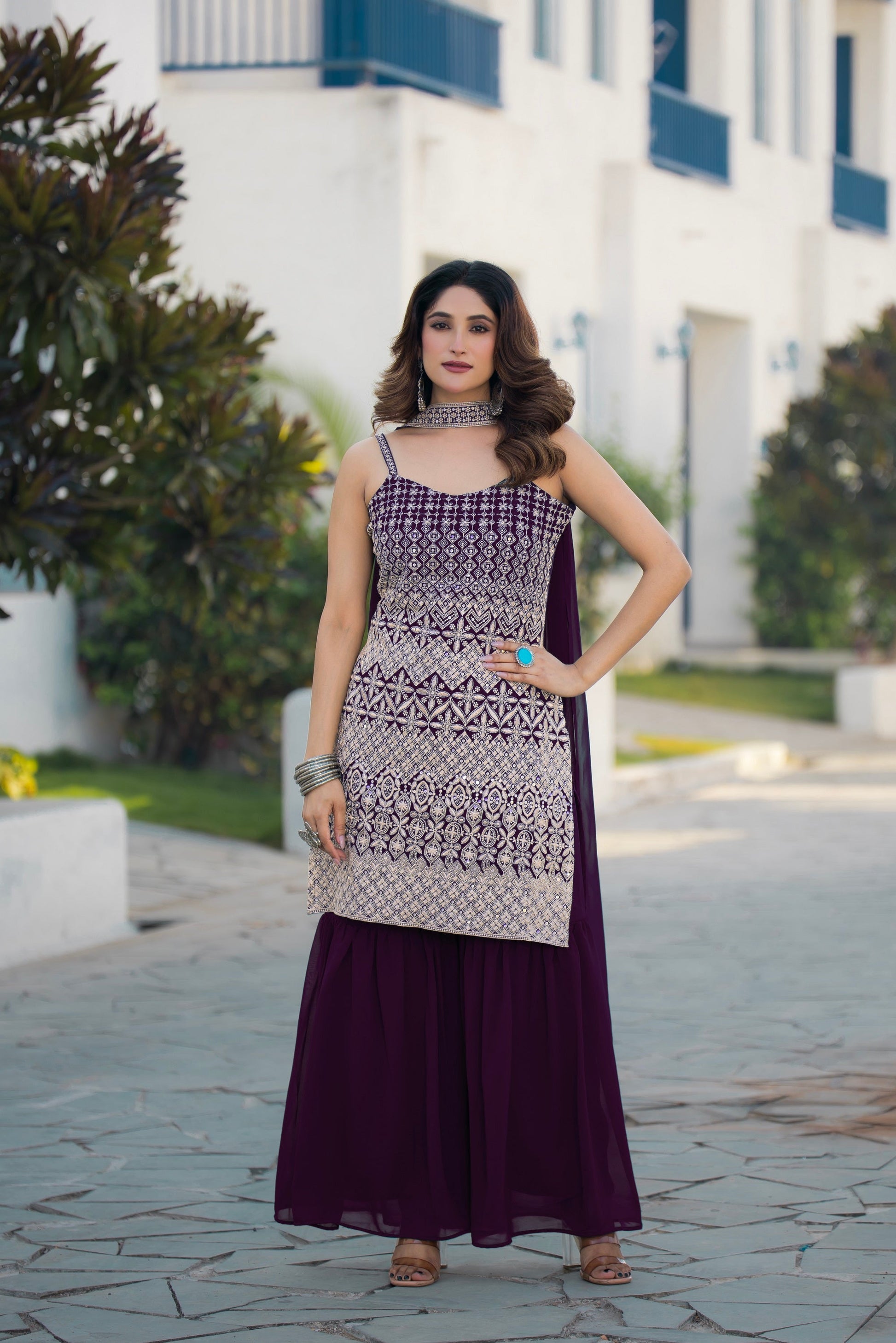 Teeya Creation Wine Color Georgette Heavy Embroidery Work Pakistani Style Fully Stitched Salwar Suit