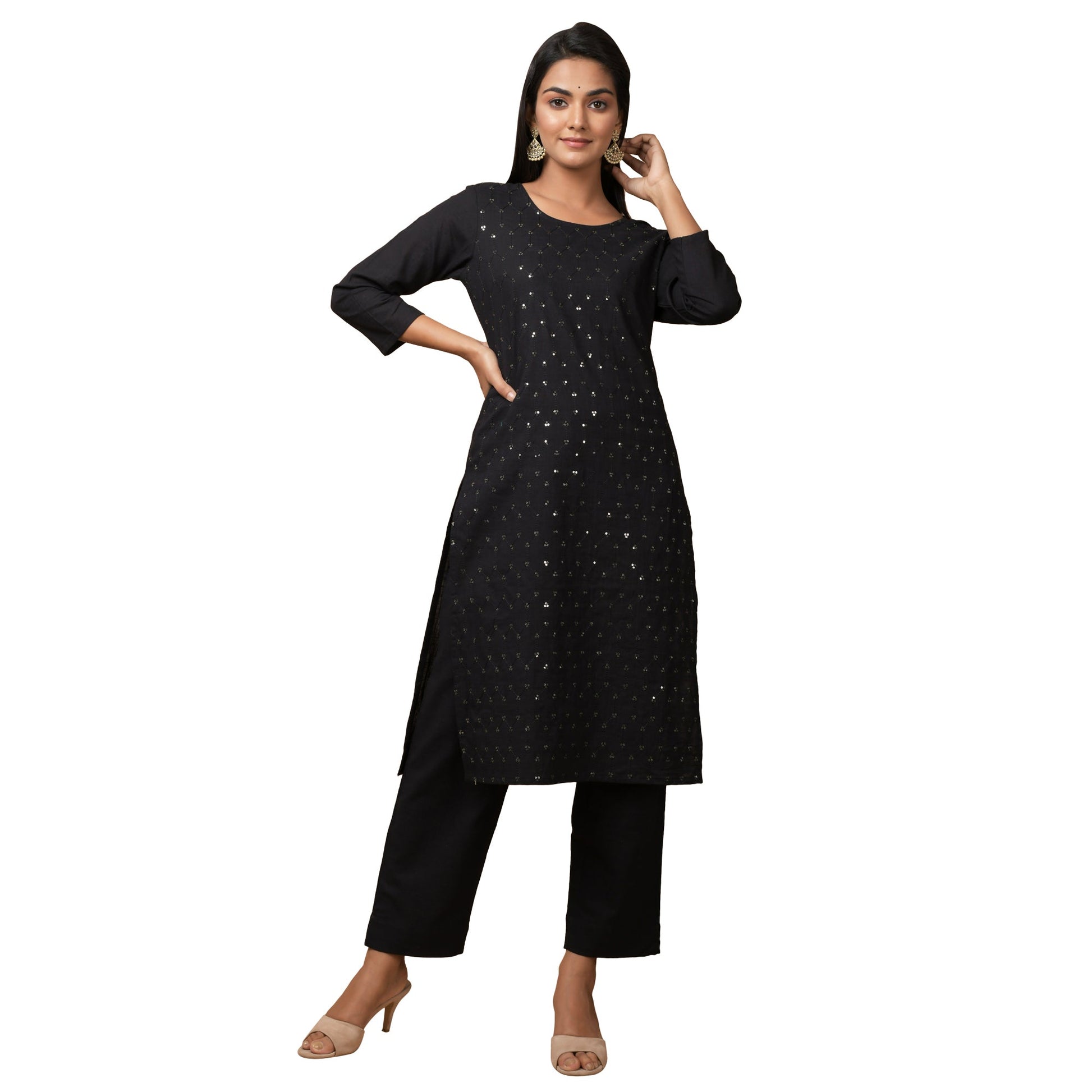 Kaajh Women's Black Solid Sequin Embellishment Kurta