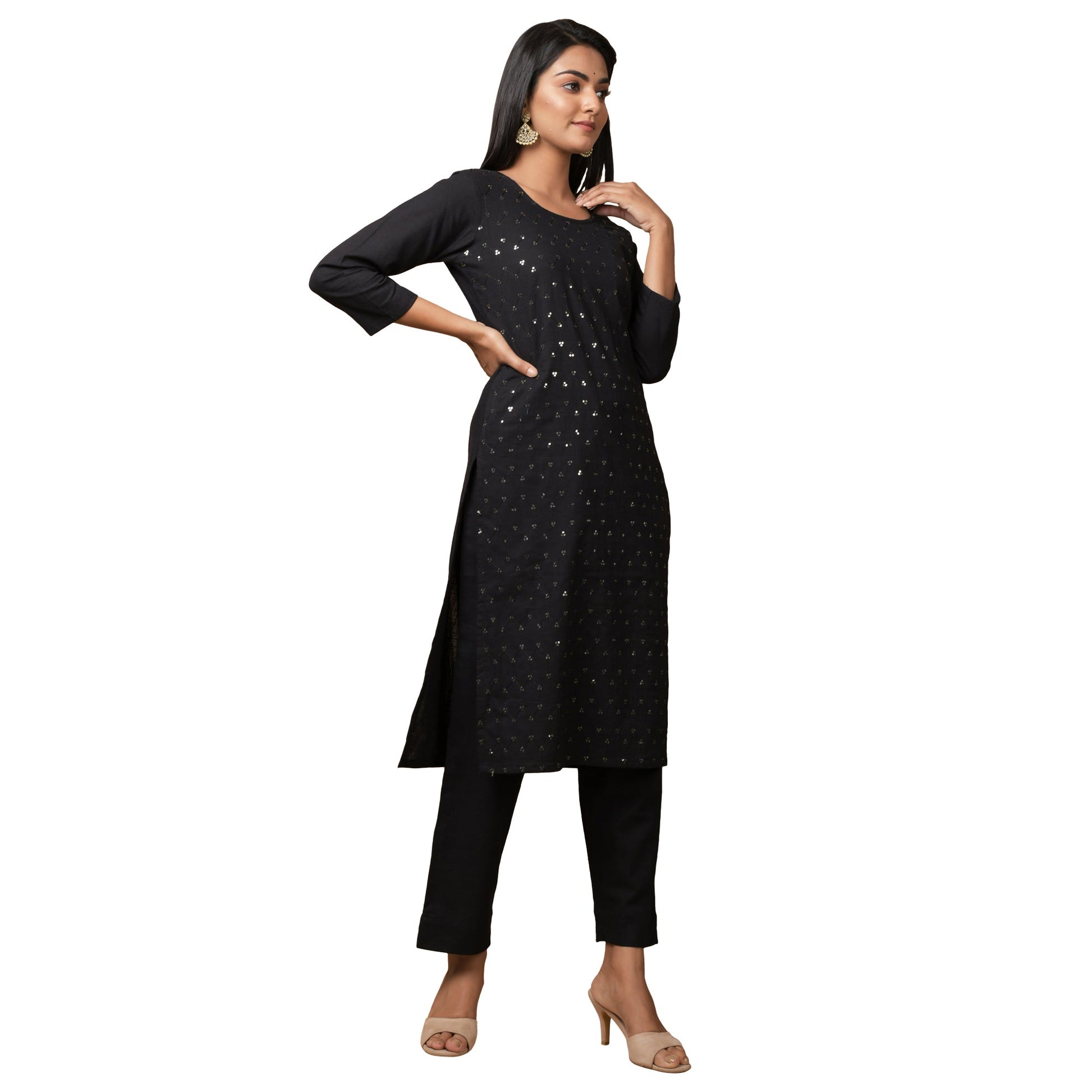 Kaajh Women's Black Solid Sequin Embellishment Kurta