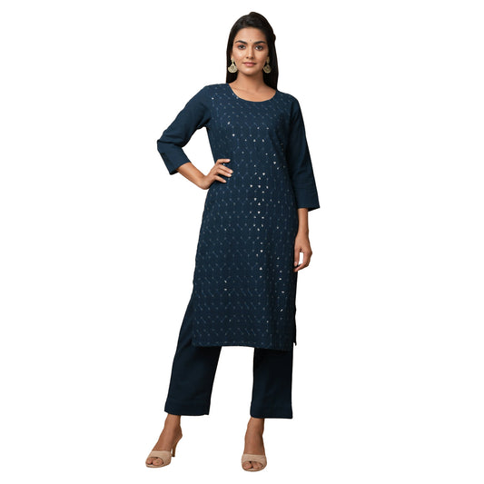 Kaajh Women's Blue Solid Sequin Embellishment Kurta