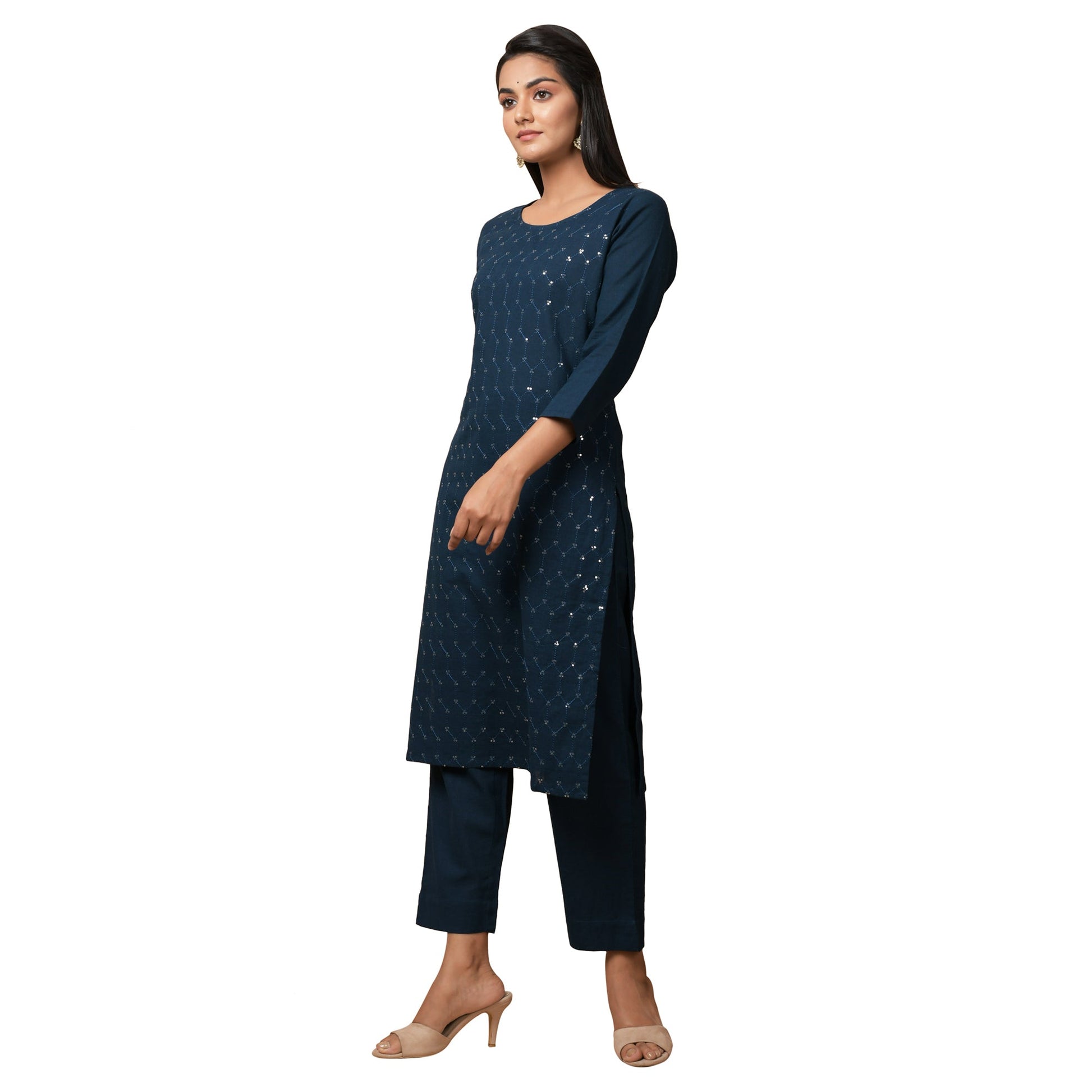 Kaajh Women's Blue Solid Sequin Embellishment Kurta