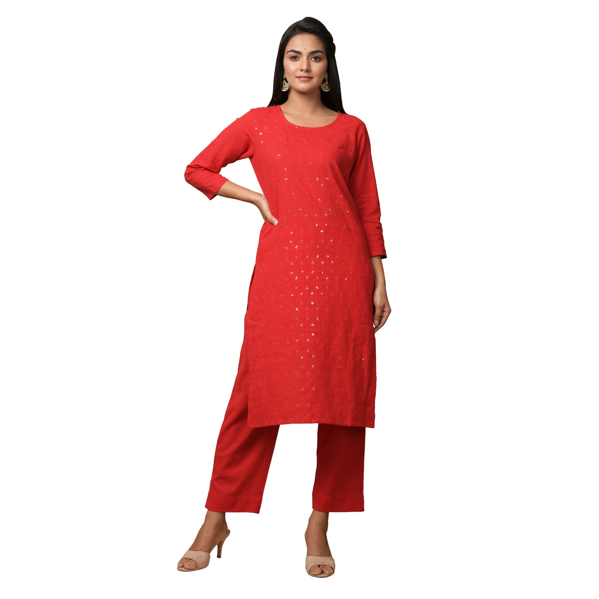 Kaajh Women's Red Solid Sequin Embellishment Kurta