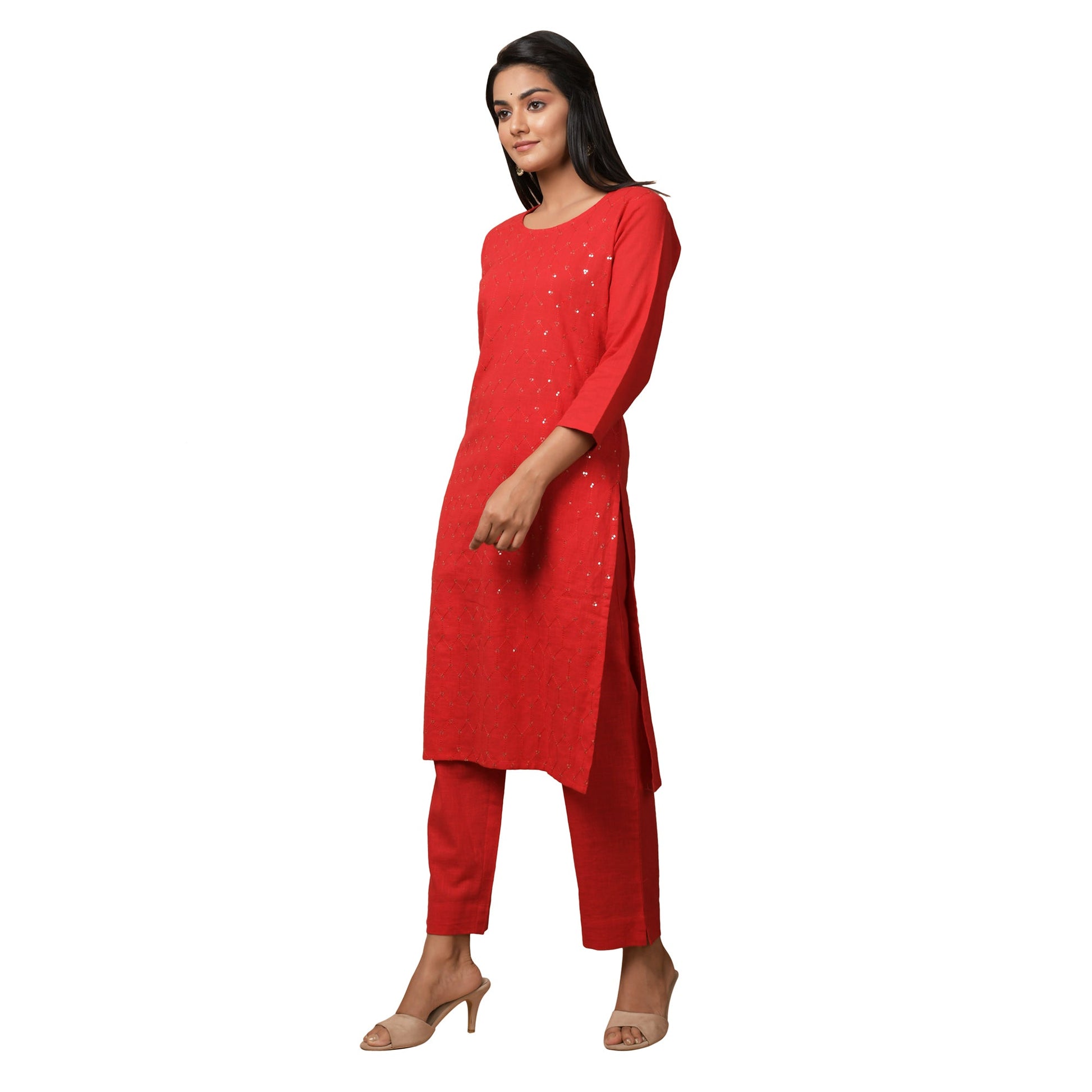 Kaajh Women's Red Solid Sequin Embellishment Kurta