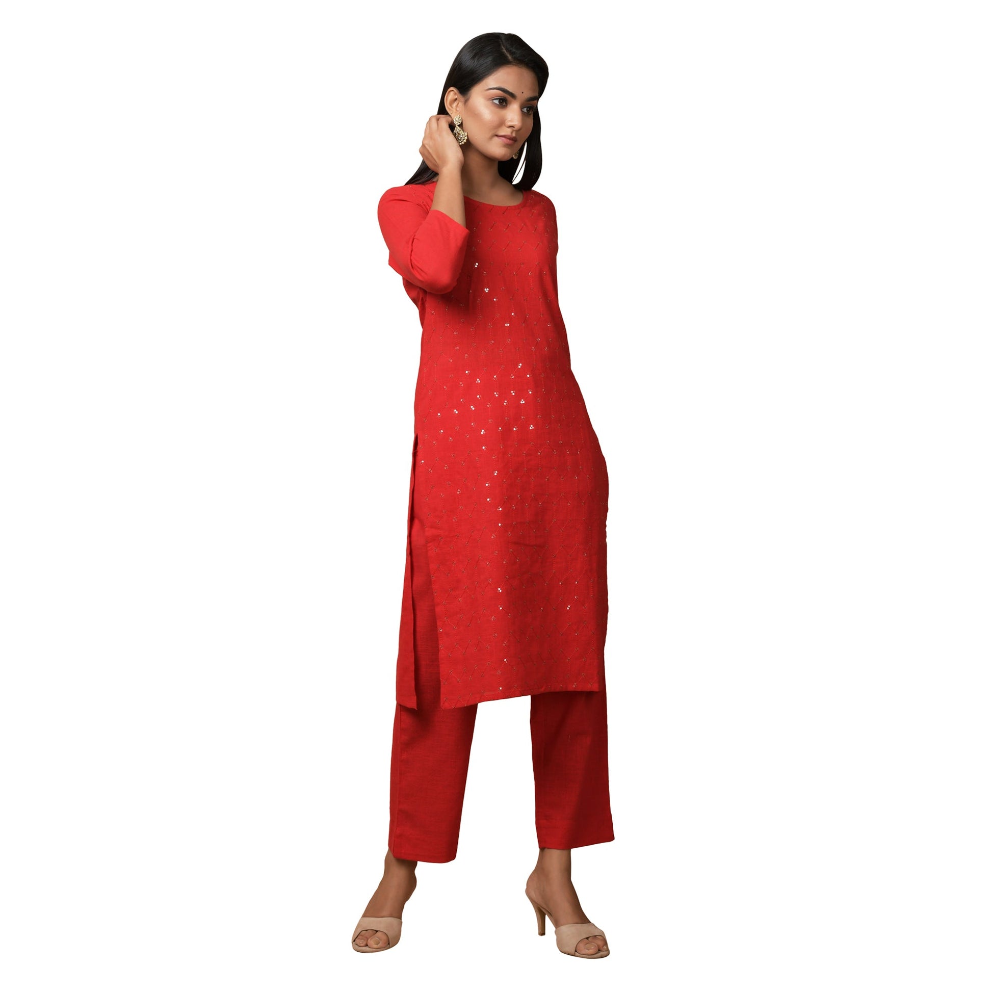Kaajh Women's Red Solid Sequin Embellishment Kurta