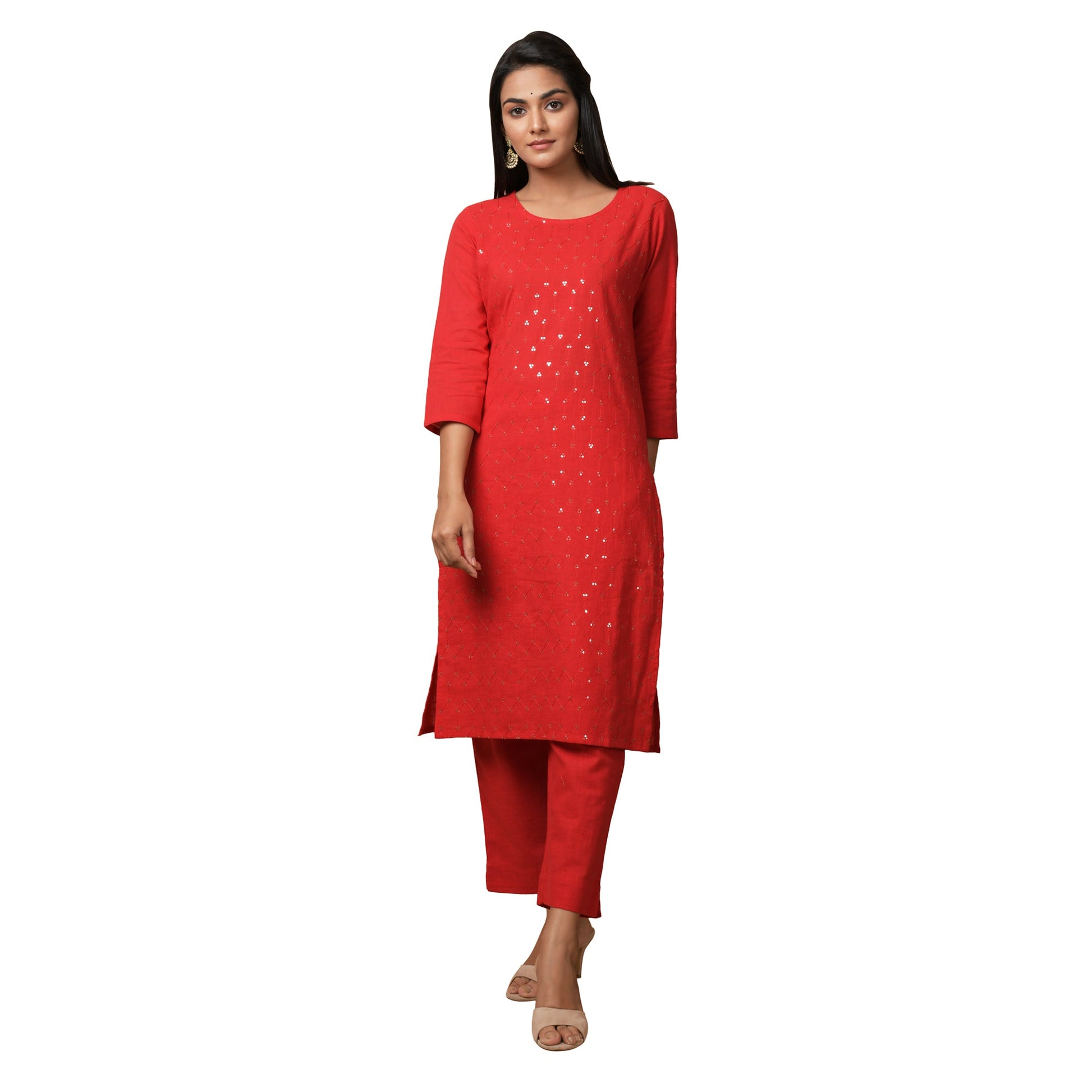 Kaajh Women's Red Solid Sequin Embellishment Kurta