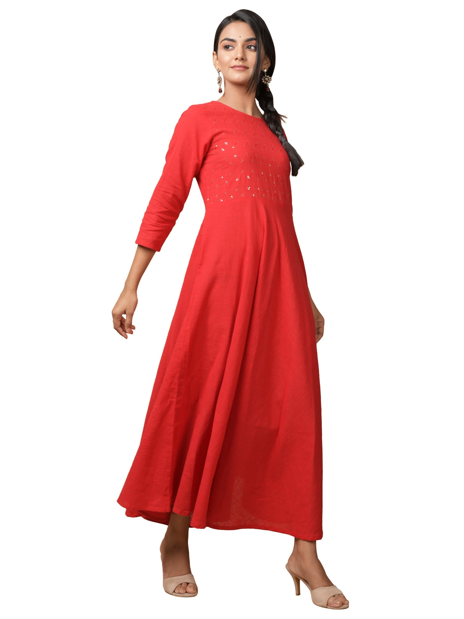 Kaajh Women's Red Solid Sequin Anarkali Kurta