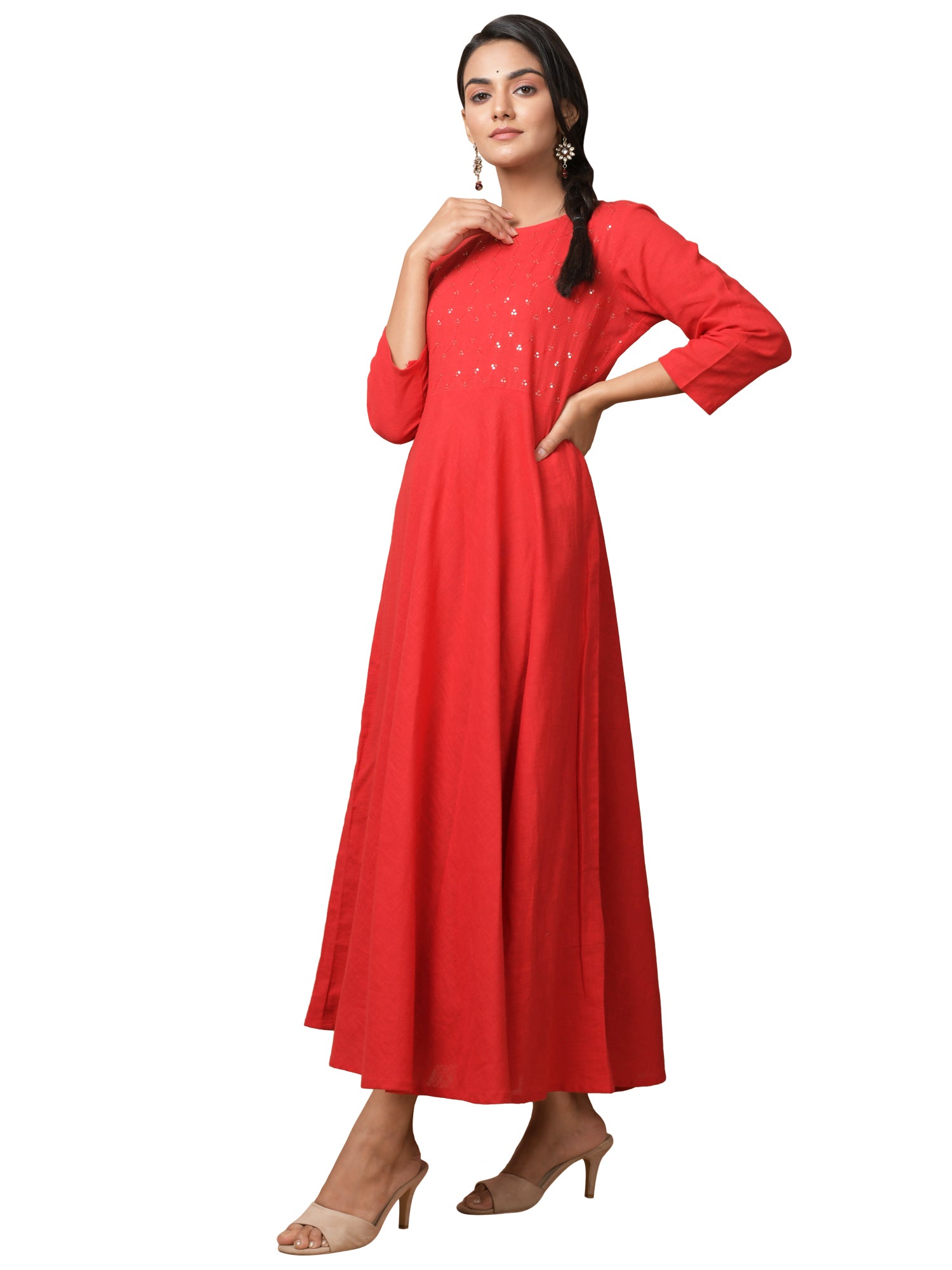 Kaajh Women's Red Solid Sequin Anarkali Kurta