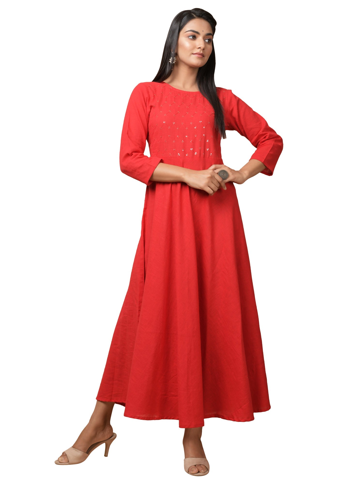 Kaajh Women's Red Solid Sequin Anarkali Kurta