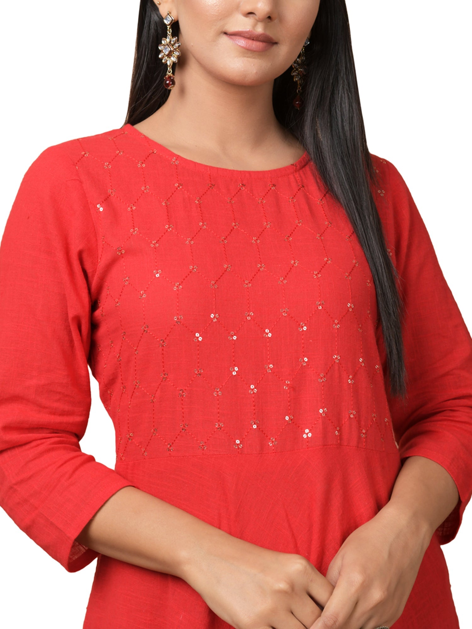 Kaajh Women's Red Solid Sequin Anarkali Kurta