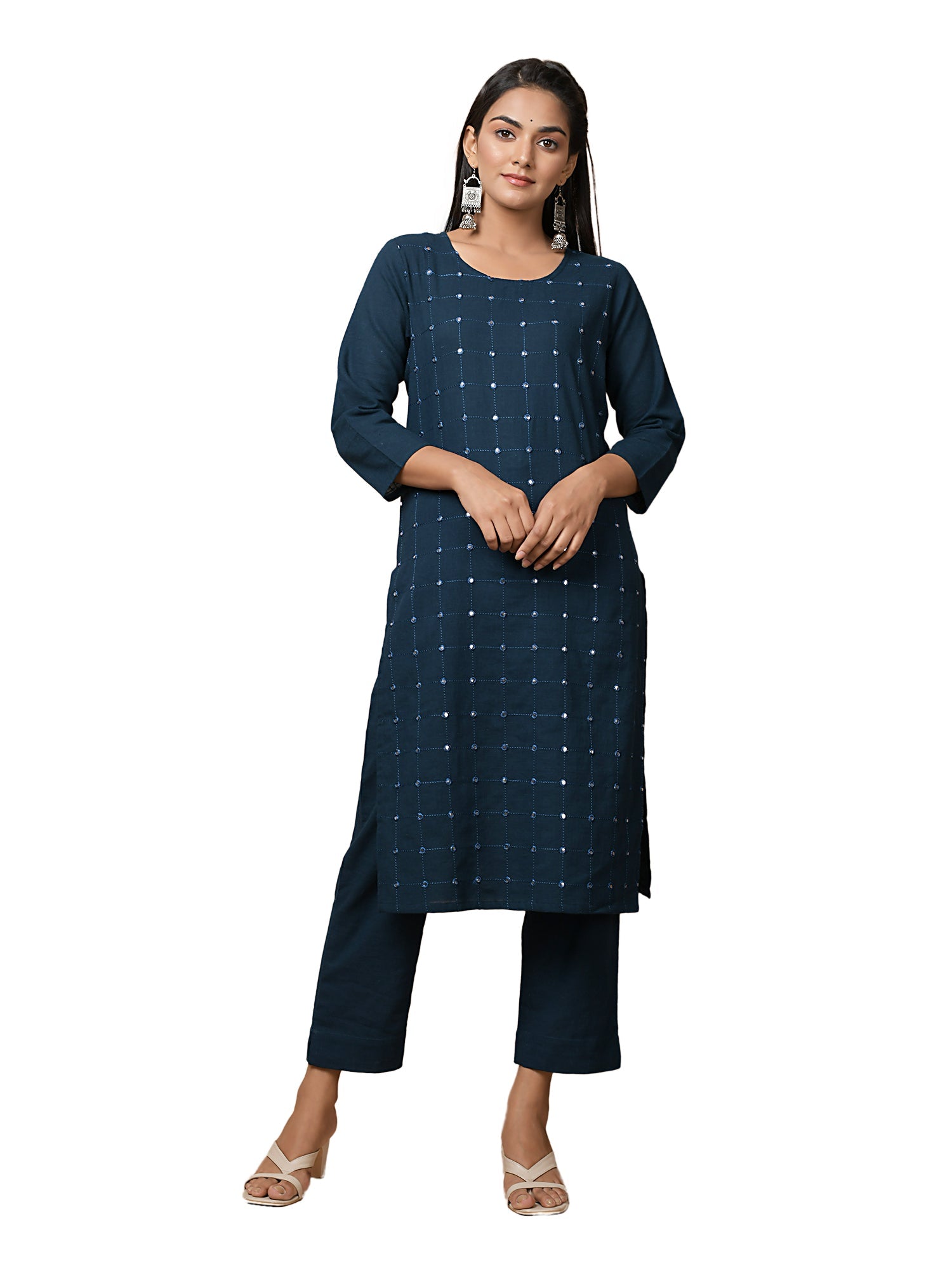 Kaajh Women's Blue Solid Mirror Embellishment Kurta