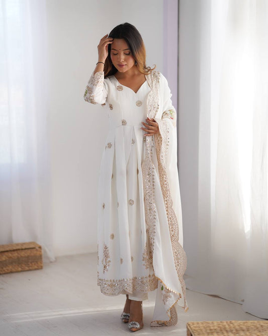 Teeya Creation White Color Chinnon Silk Heavy Embroidery Work Festival Wear Fully Stitched Gown