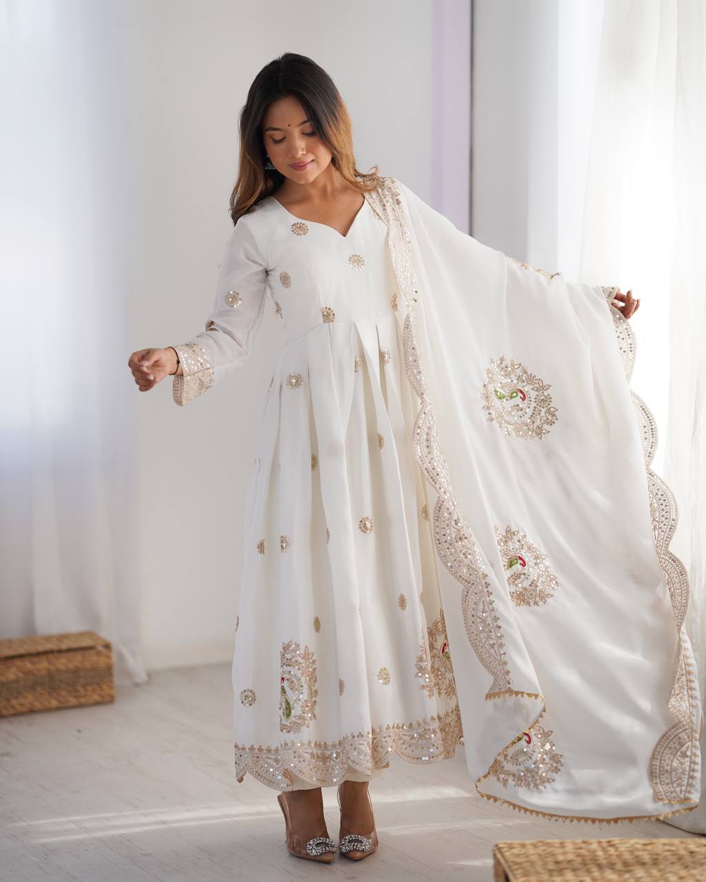 Teeya Creation White Color Chinnon Silk Heavy Embroidery Work Festival Wear Fully Stitched Gown