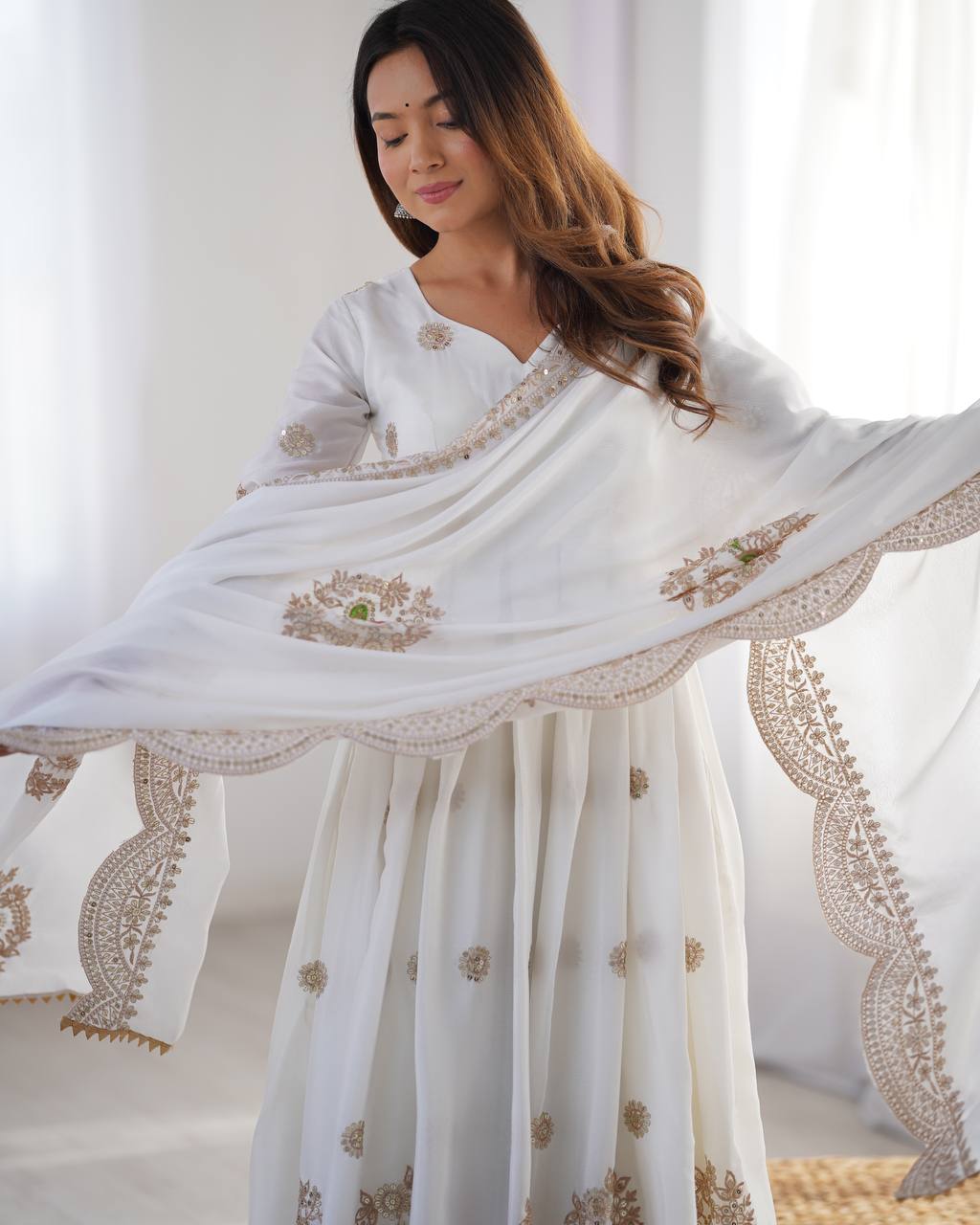 Teeya Creation White Color Chinnon Silk Heavy Embroidery Work Festival Wear Fully Stitched Gown