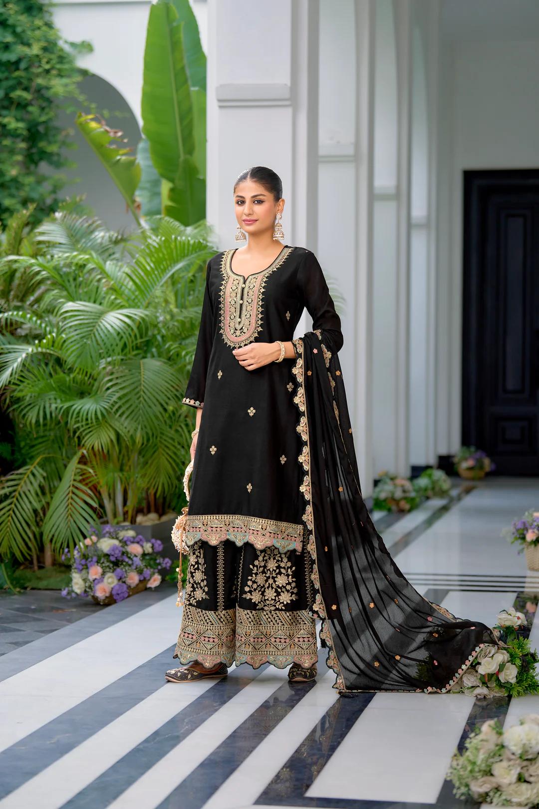 Teeya Creation Black Color Chinnon Silk Heavy Embroidery Work Festival Wear Fully Stitched Sharara Suit