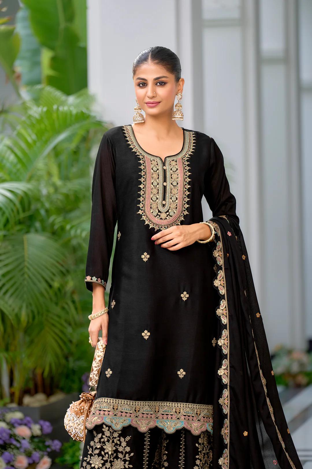 Teeya Creation Black Color Chinnon Silk Heavy Embroidery Work Festival Wear Fully Stitched Sharara Suit