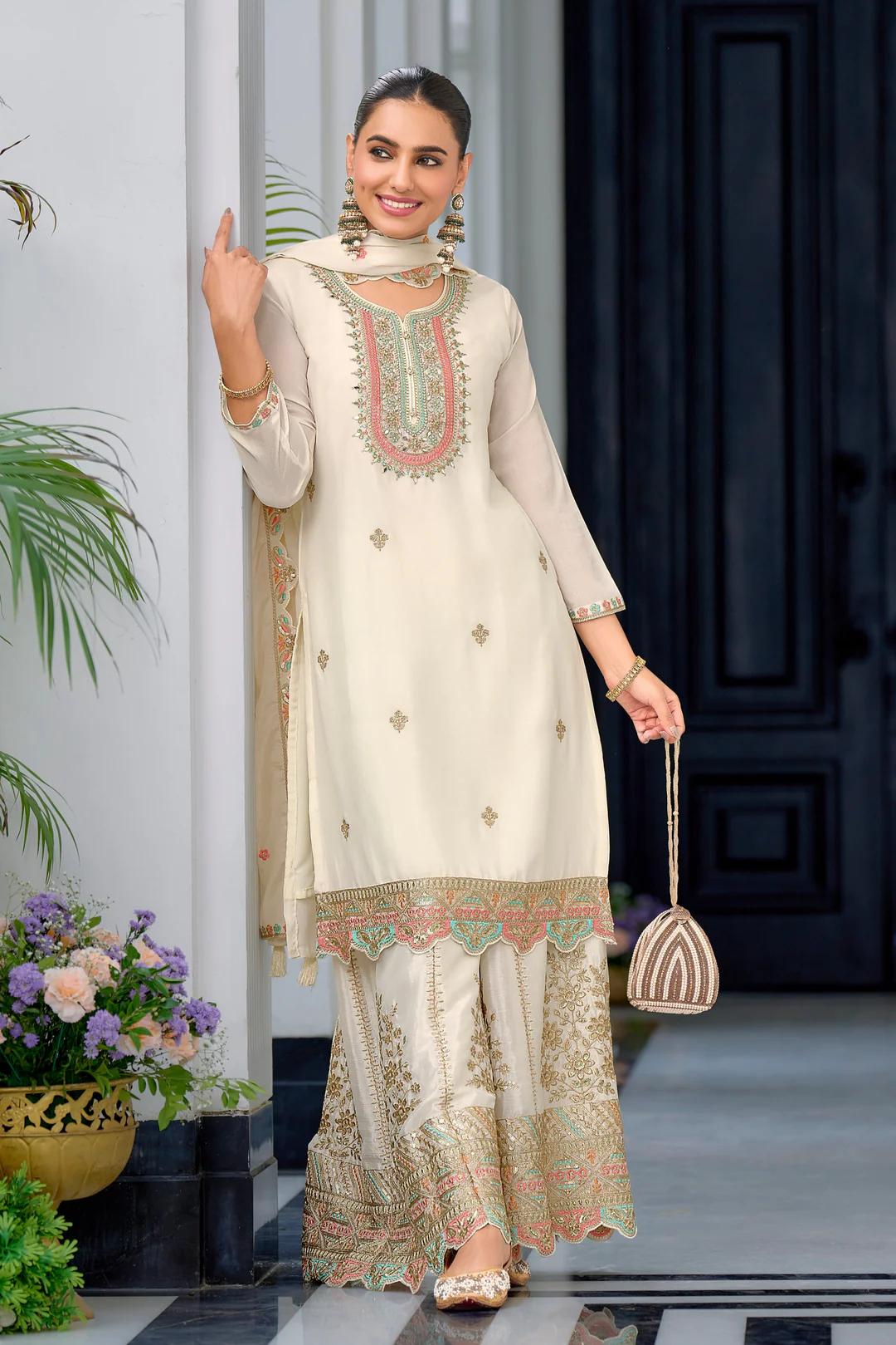 Teeya Creation White Color Chinnon Silk Heavy Embroidery Work Festival Wear Fully Stitched Sharara Suit