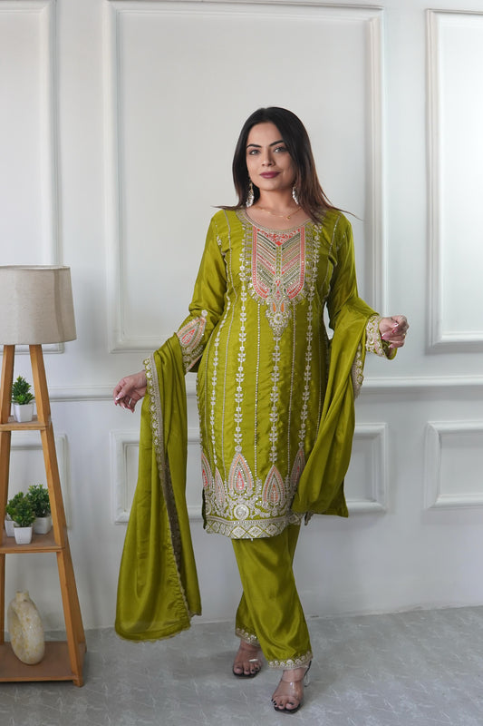 Teeya Creation Parrot Green Color Chinnon Silk Heavy Embroidery Work Pakistani Style Fully Stitched Salwar Suit