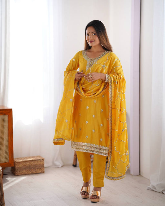 Teeya Creation Yellow Color Chinnon Silk Heavy Embroidery Work Fully Stitched Salwar Suit