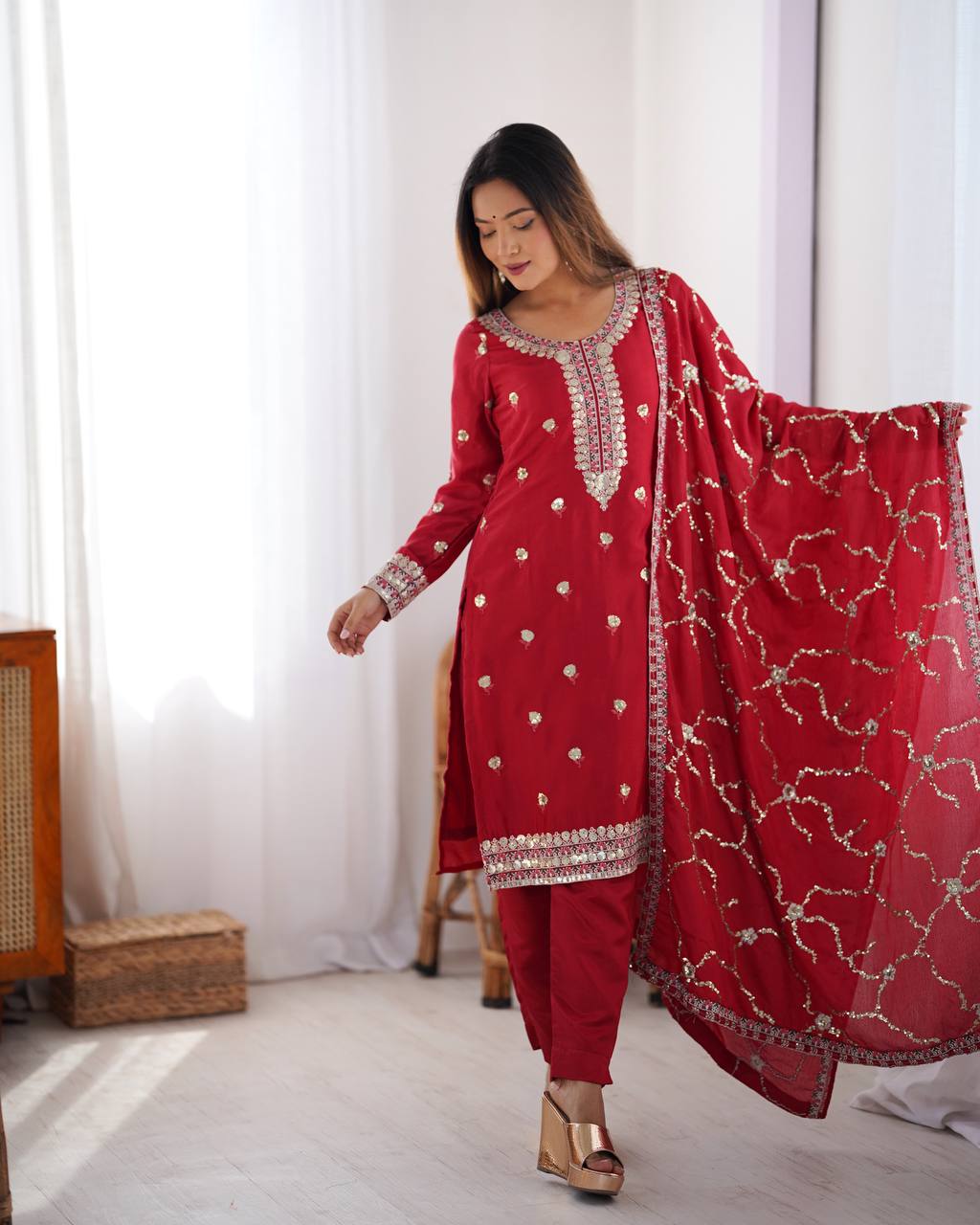 Teeya Creation Red Color Chinnon Silk Heavy Embroidery Work Fully Stitched Salwar Suit