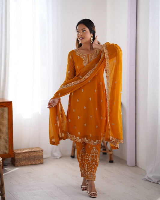Teeya Creation Mustard Color Faux Georgette Heavy Embroidery Work Fully Stitched Salwar Suit