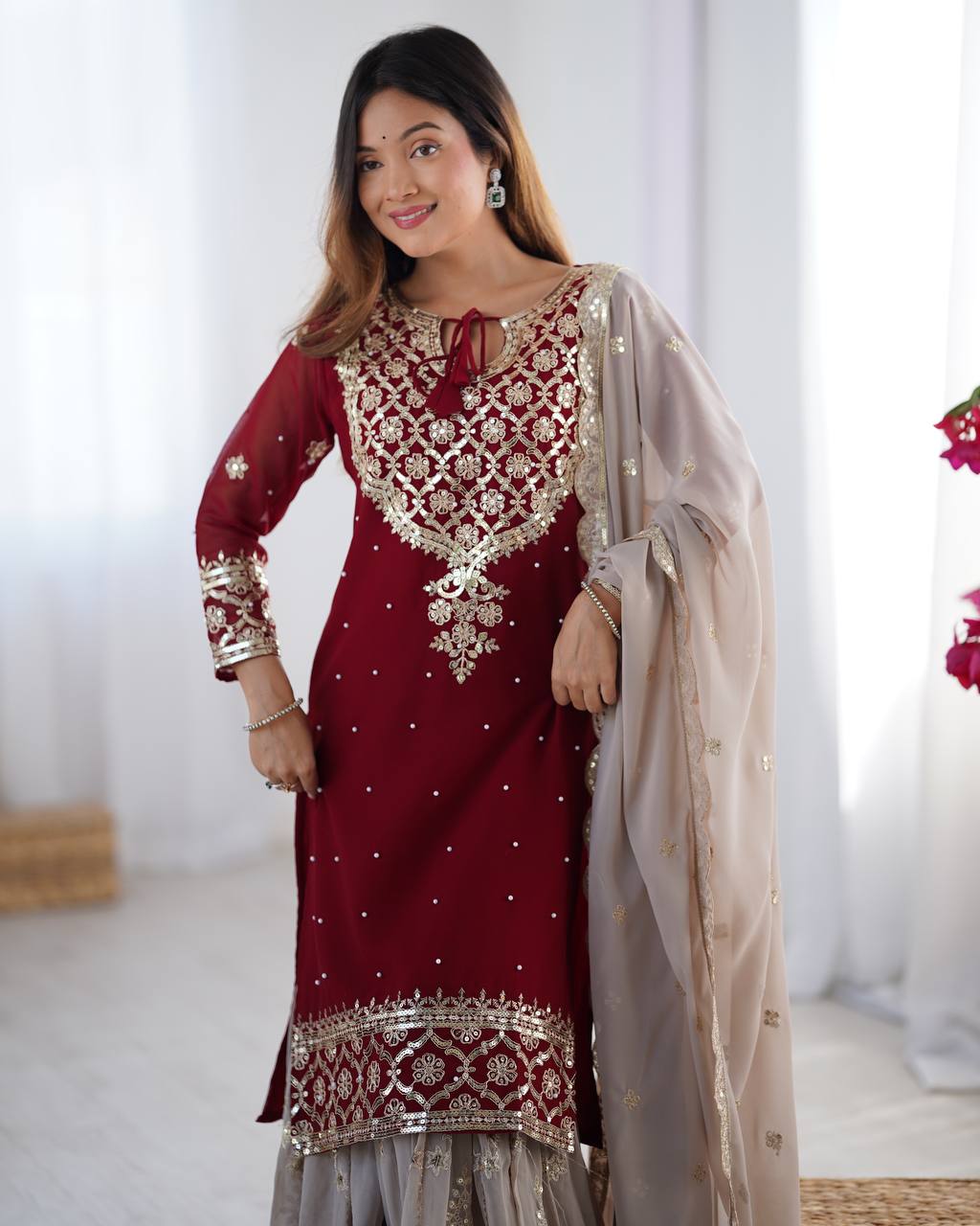 Teeya Creation Red Color Faux Georgette Embroidery Work Fully Stitched Salwar Suit