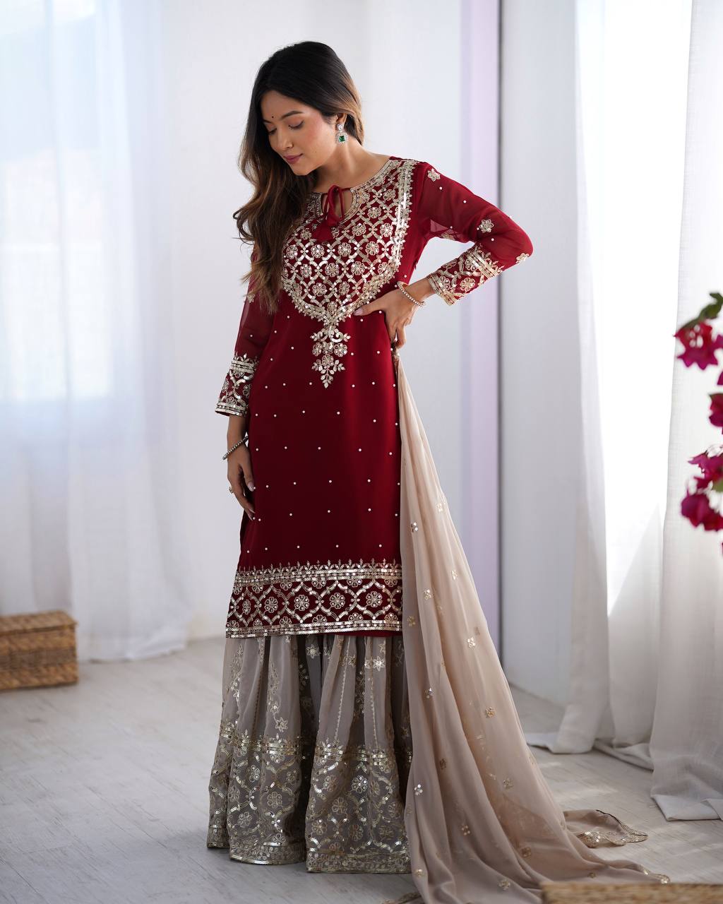 Teeya Creation Red Color Faux Georgette Embroidery Work Fully Stitched Salwar Suit